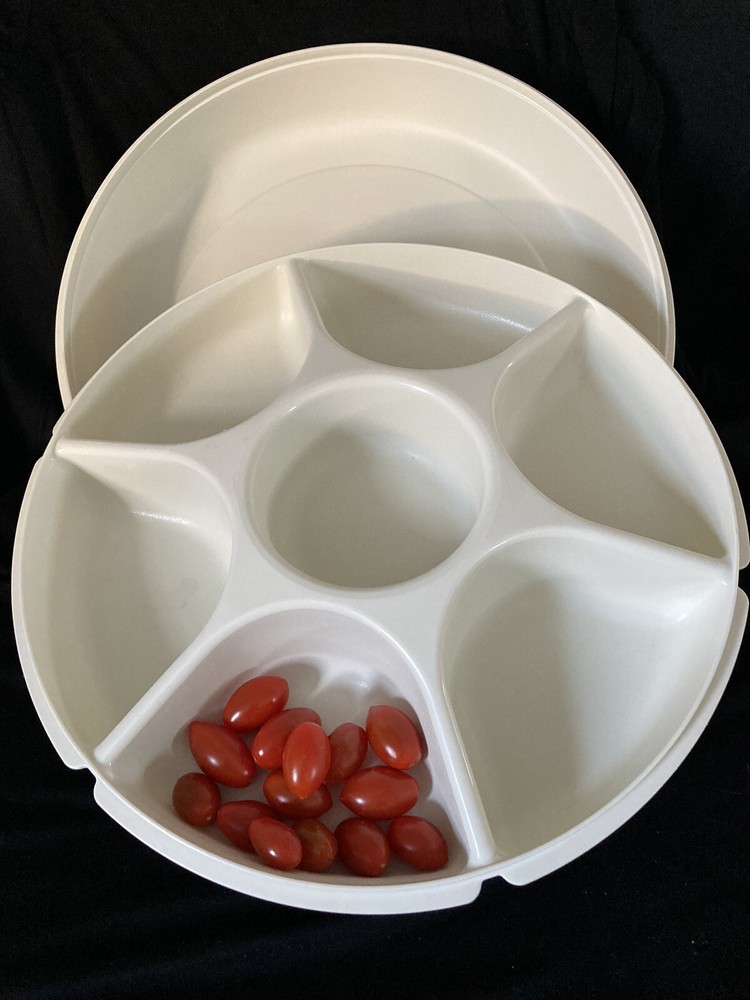 Tupperware Large 14" Almond divided vegetable fruit server 