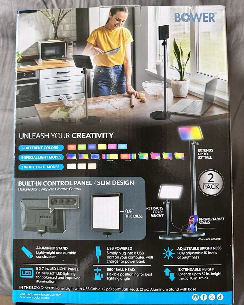 NEW Bower 8” RGB LED Creator Light Kit 2-Pack w/ 32” Extendable Stands