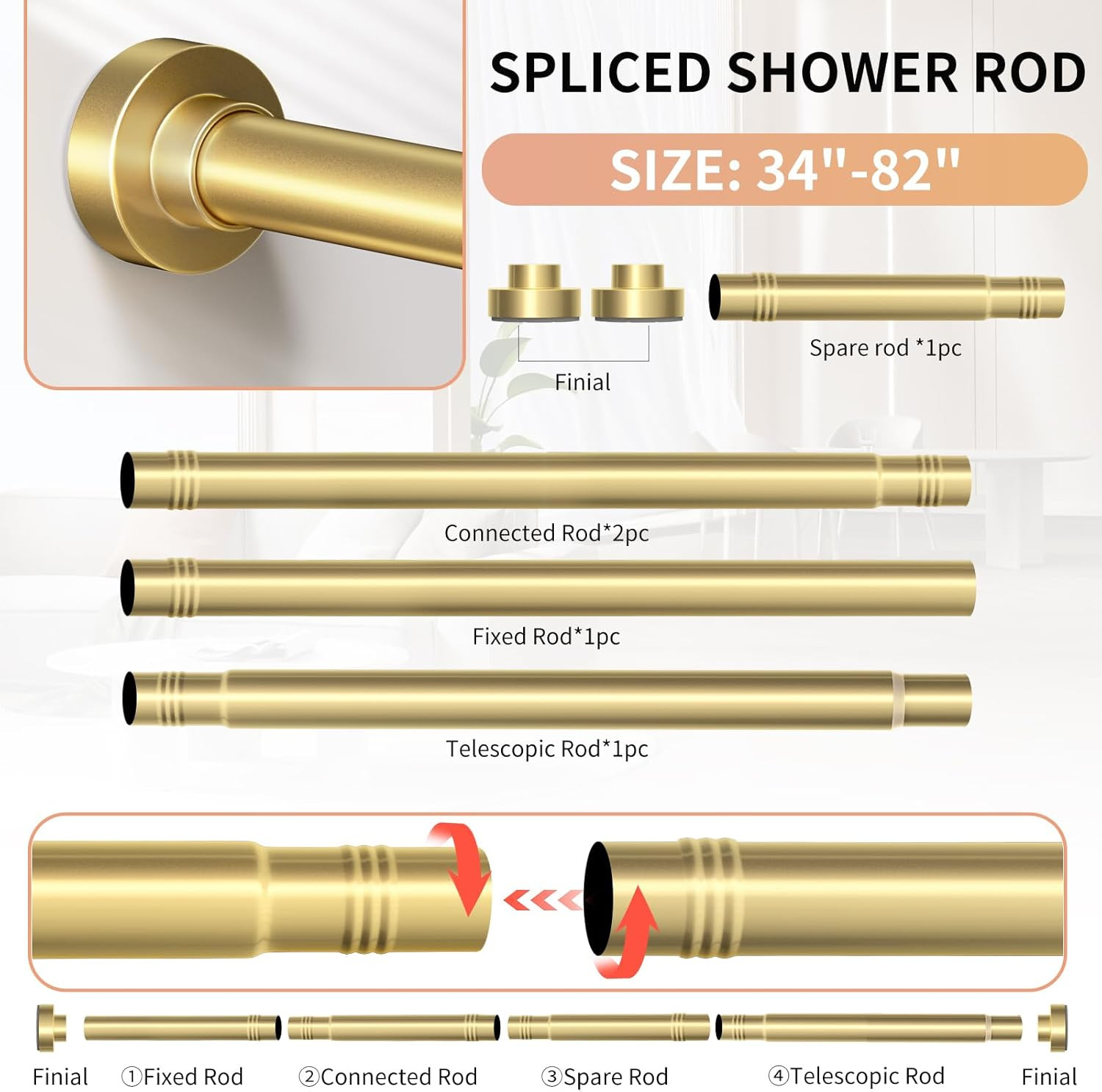 Gold Shower Curtain Rod 34-82 Inches(2.8-6.8Ft) Never Rust Adjustable Shower Rod