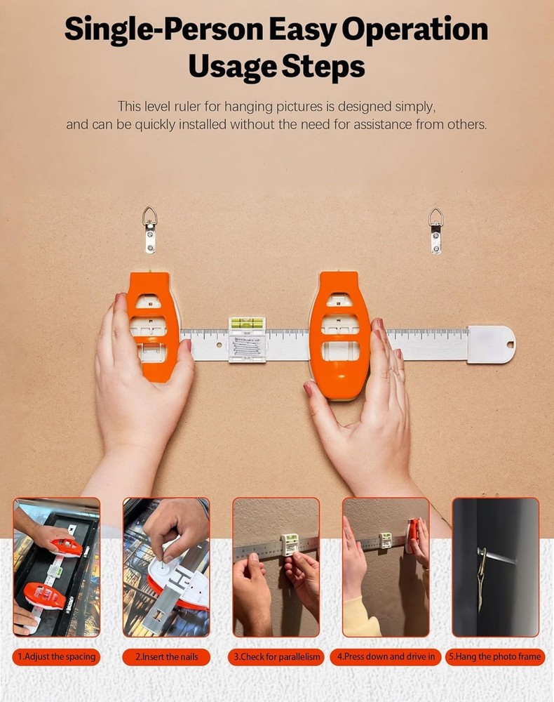 Level Ruler Picture Hanging Tool with Level–Precision Wall Mount Guide for Frame