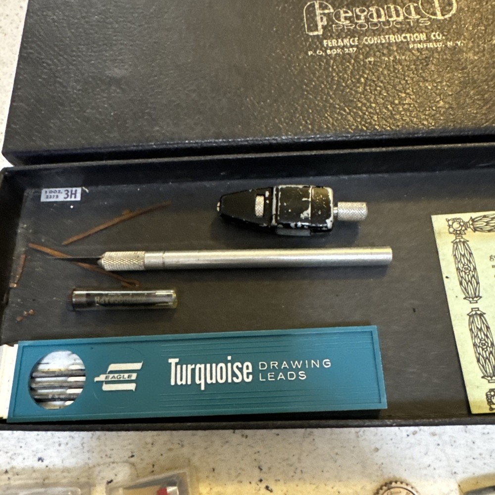 1950's Ferance Construction Co Penfield NY Drafting Tool Instruments Box Extras