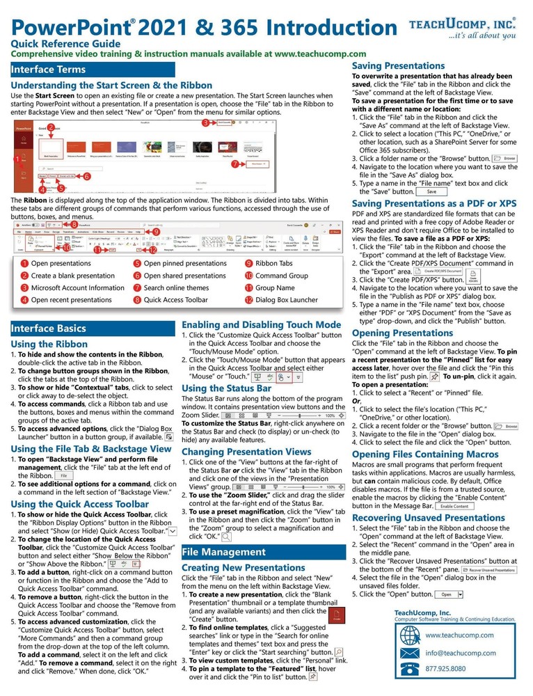 PowerPoint 2021 & 365 Training Guide Quick Reference Card Cheat Sheet Help