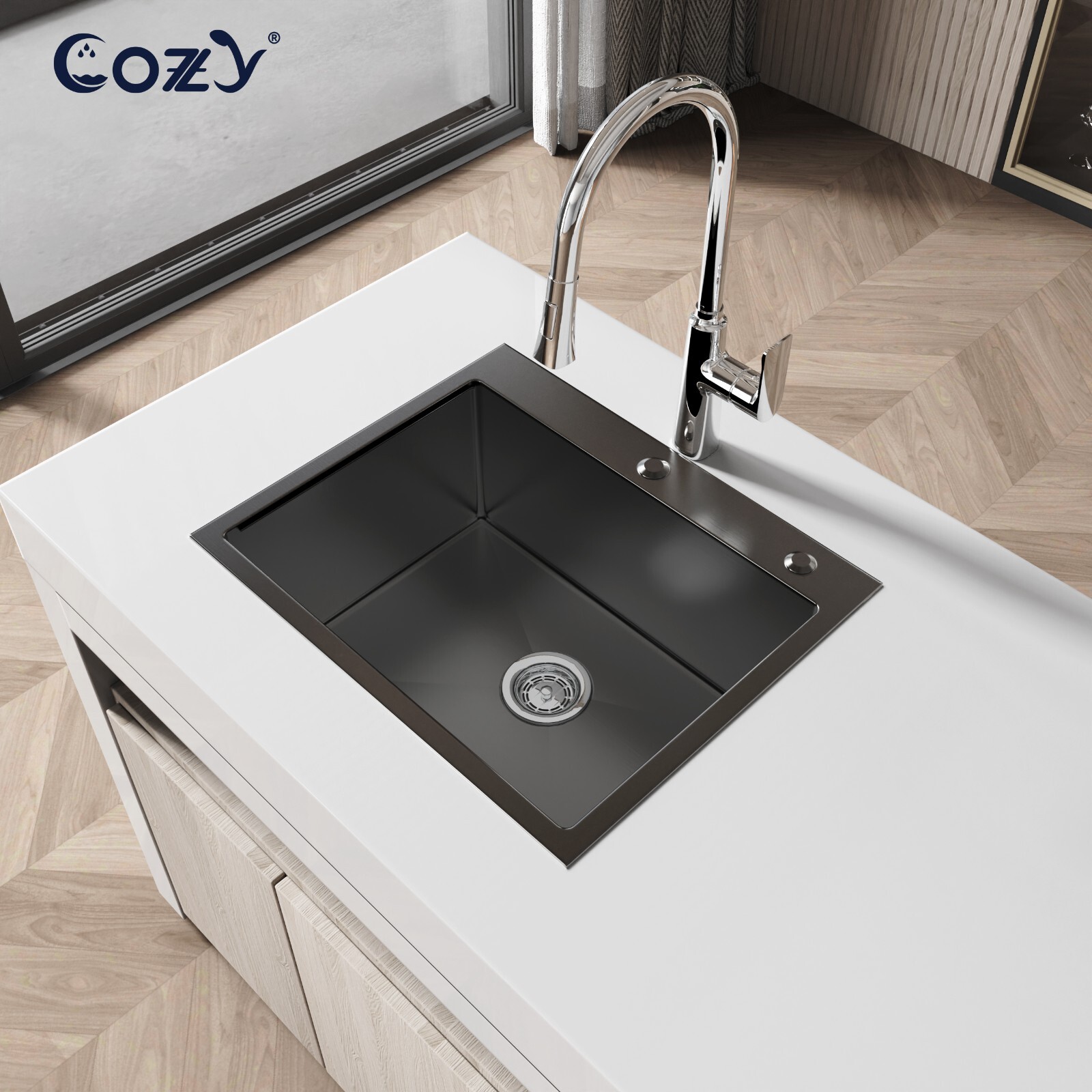 COZY Stainless Steel Kitchen Sink, 23" Single Bowl in Matte Black