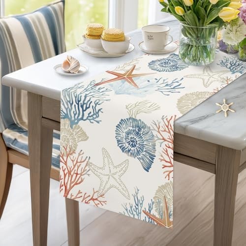Nautical Coastal Table Runner 13x72 Inch Ocean Themed Coral 13"W x 72"L