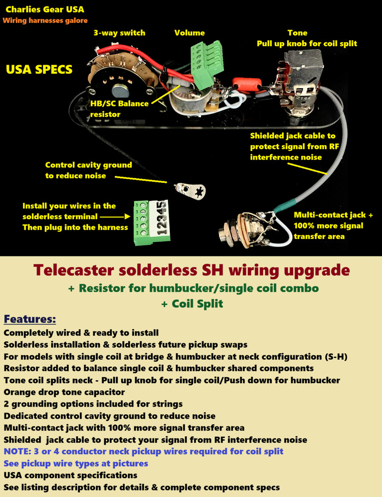 Solderless Tele SH wiring upgrade + Coil Split + resistor for shared components