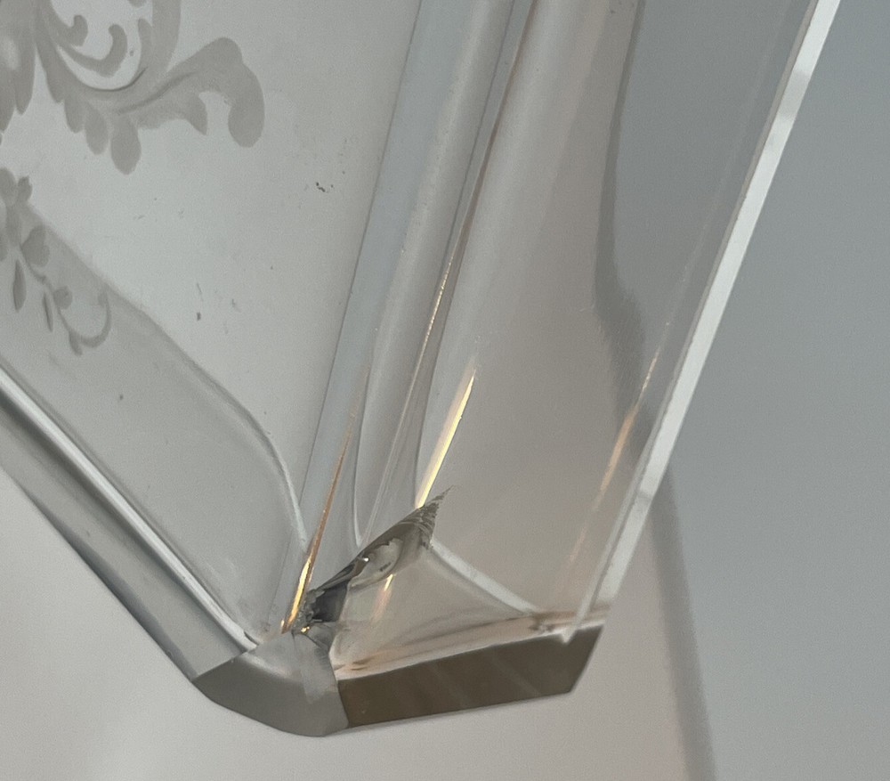 Germany Sterling Repousse Basket Etched Glass Insert Rectangular Swing Handle