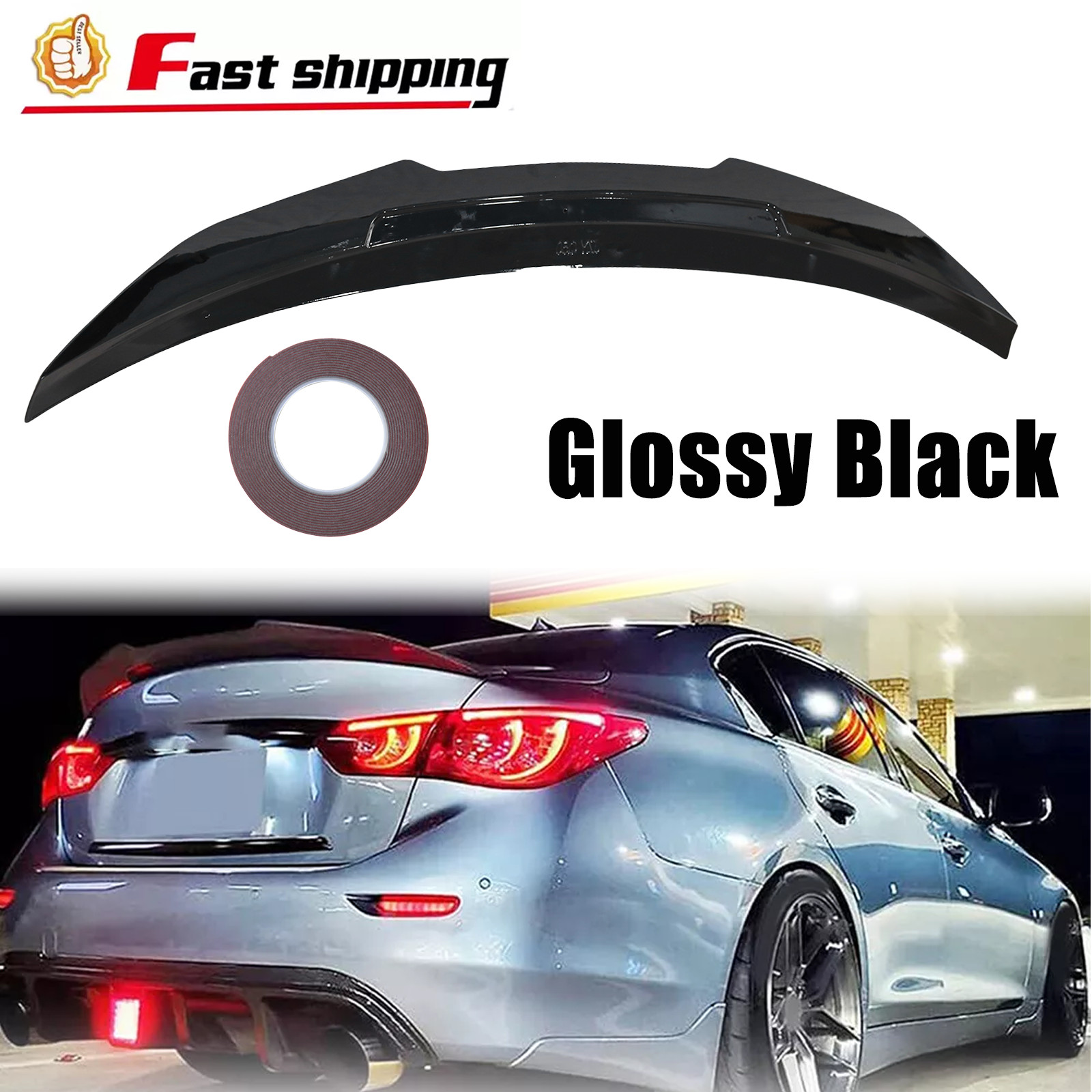 For 2014-24 INFINITI Q50 PSM Style High Kick Rear Trunk Spoiler Wing Gloss Black
