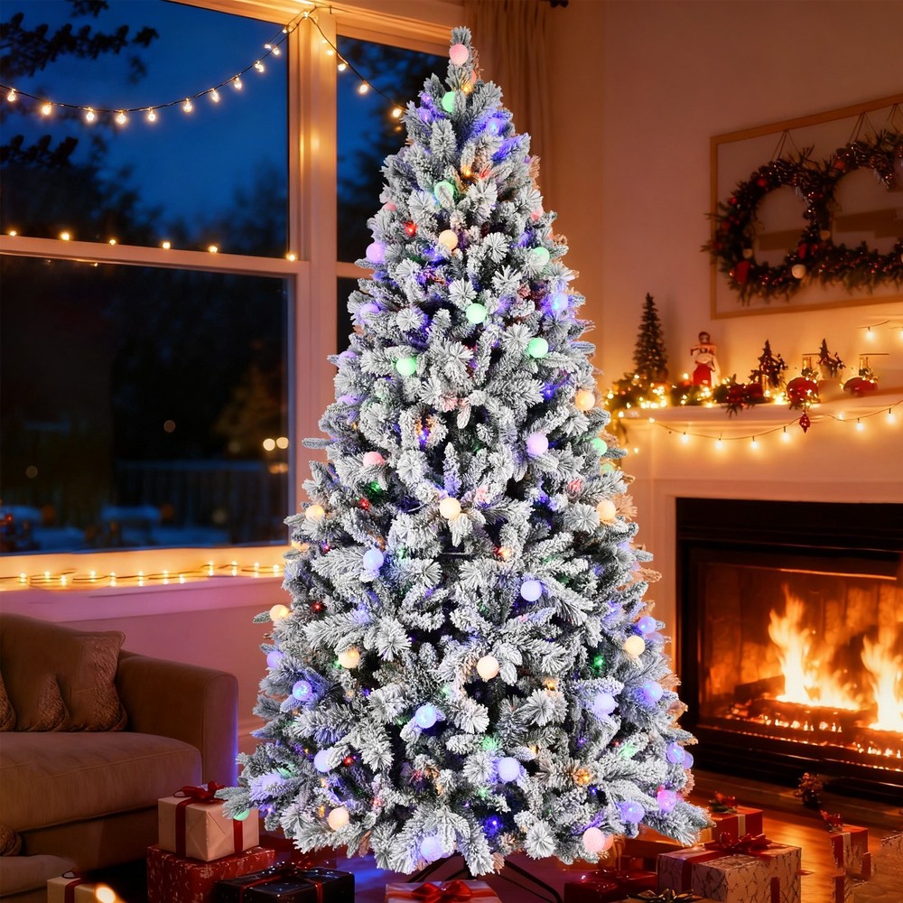 8 ft Prelit Snow Flocked Artificial Christmas Tree with White & Multicolor Light