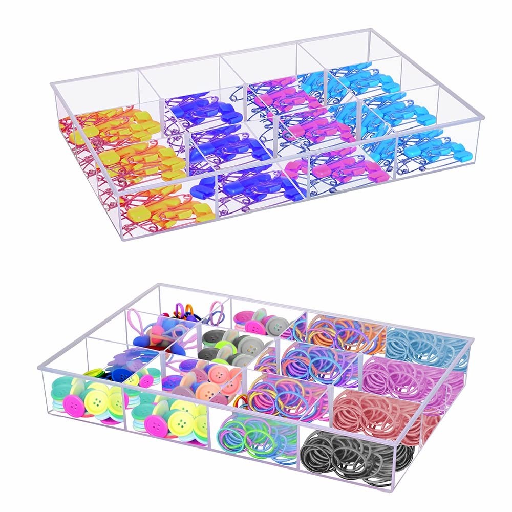 2 Pack Fixed 12 Grids Clear Plastic Organizer Sorting Tray and Transparent St...