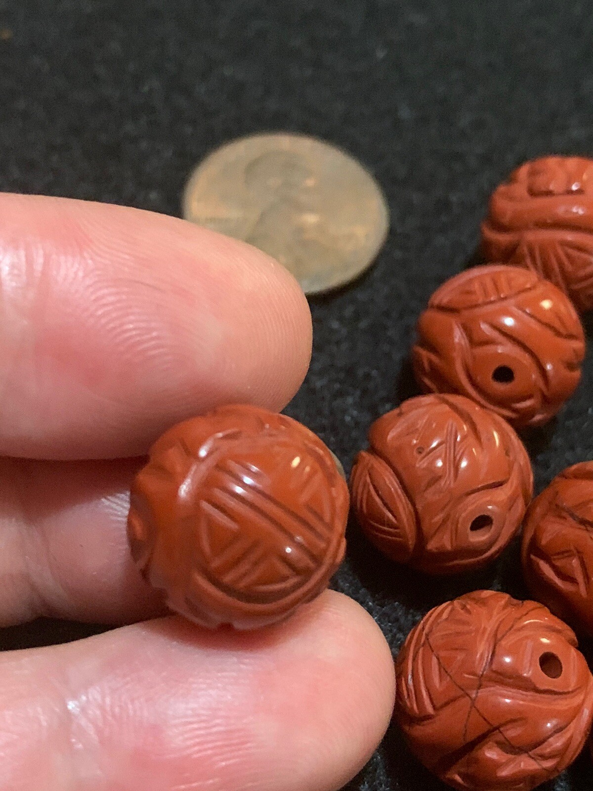 One Vintage Carved Chinese Bead Natural Red Jasper Double Shou Design 14mm Round