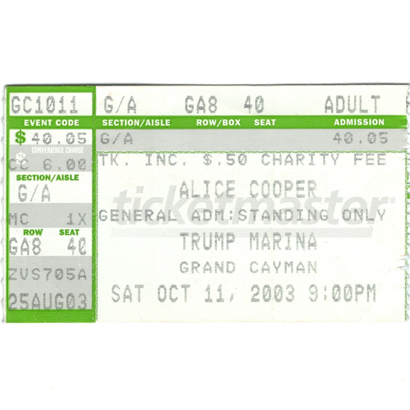 ALICE COOPER Concert Ticket Stub ATLANTIC CITY NJ 10/11/03 TRUMP MARINA Rare