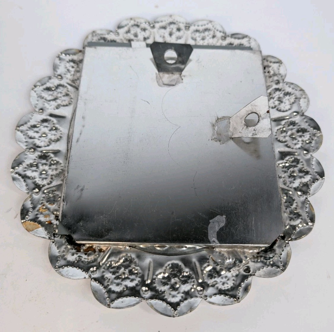 Ornate Vintage Mexican Folk Art Punched Tin Oval Mirror Wall Hanging