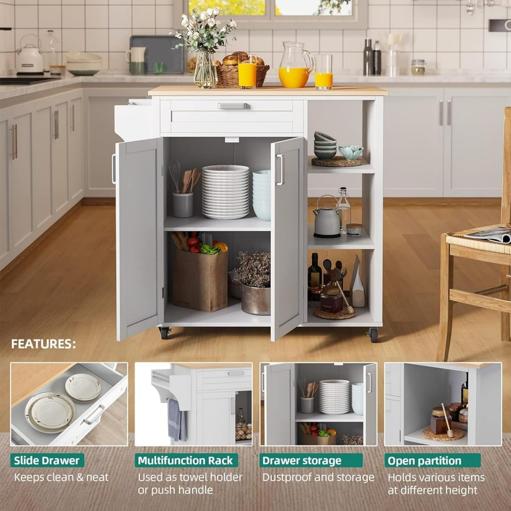 37" Rolling Kitchen Island Cart with Storage & Spice Rack, White