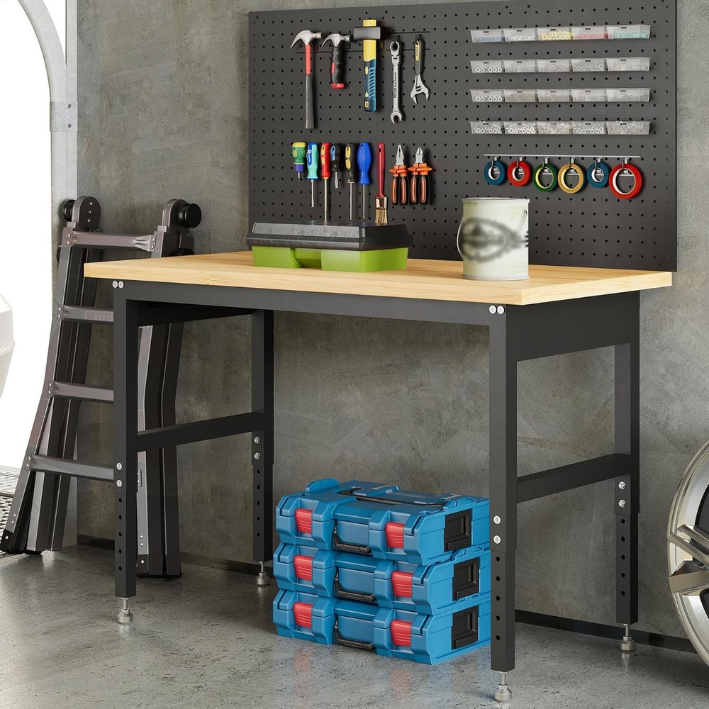 60 Inch Mobile Workbench with Power Outlets, Storage Shelves & Pegboard