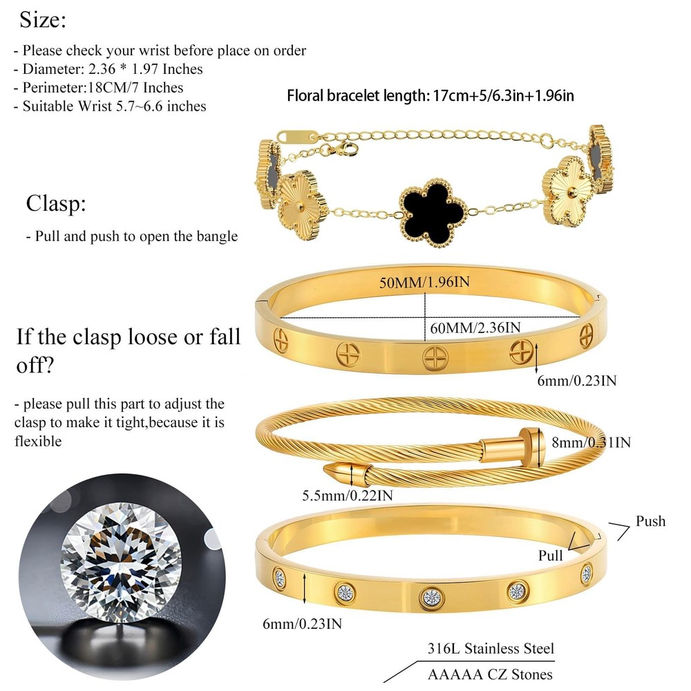 Ntutrxk One Size, Bracelets Stack 4Sets (Floral Black+Gold Bracelets,Bangle)
