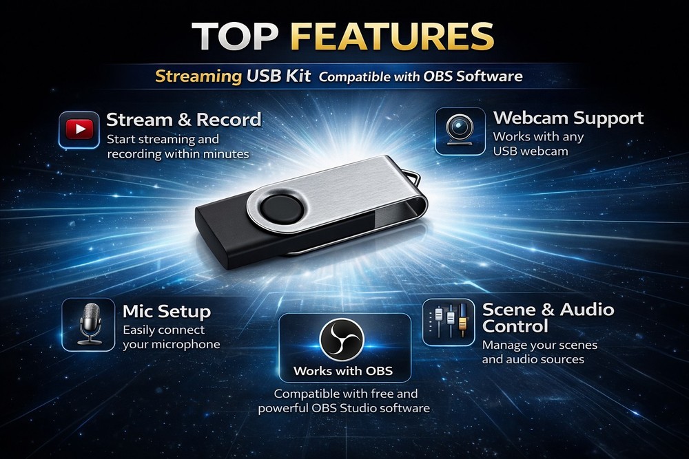 OBS Studio USB Streaming Kit w Setup Guide Recorder Broadcast Win Mac w/Guide