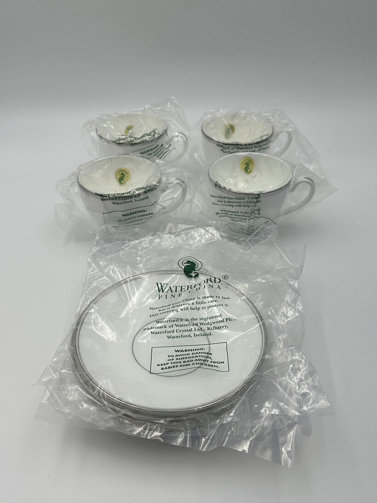 Waterford Kilbarry Platinum Fine China Coffee Cups & Saucers White Classic Set 4