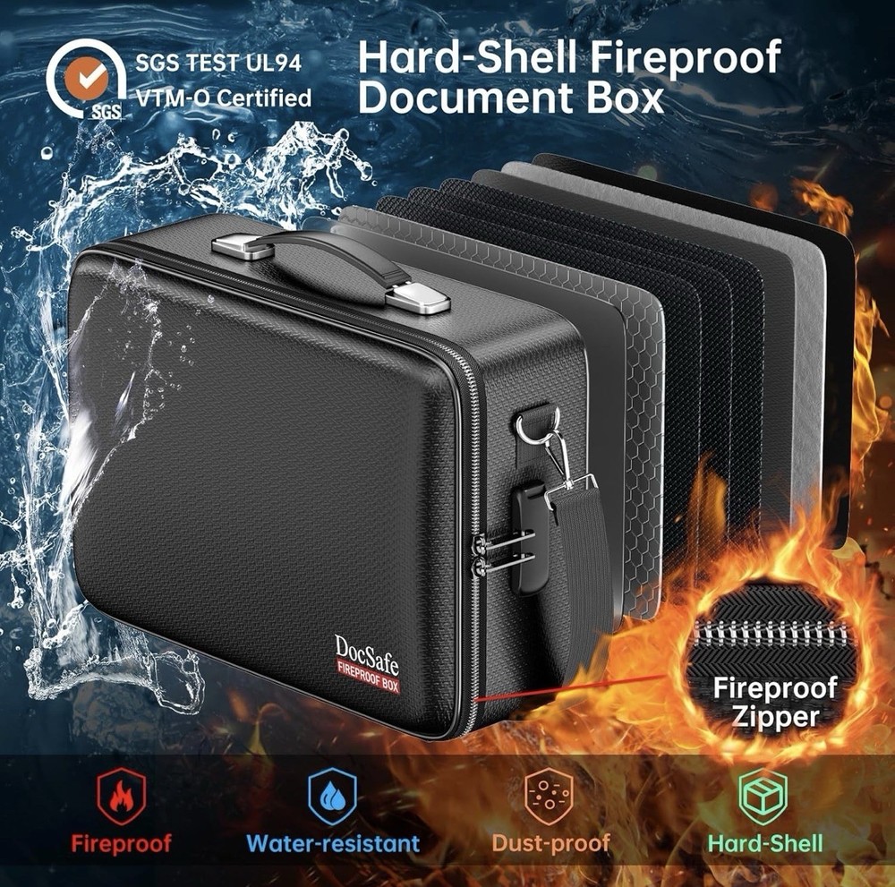 DocSafe Fireproof Document Box with Lock＆Shoulder Strap, Hard-Shell Case--BLUE