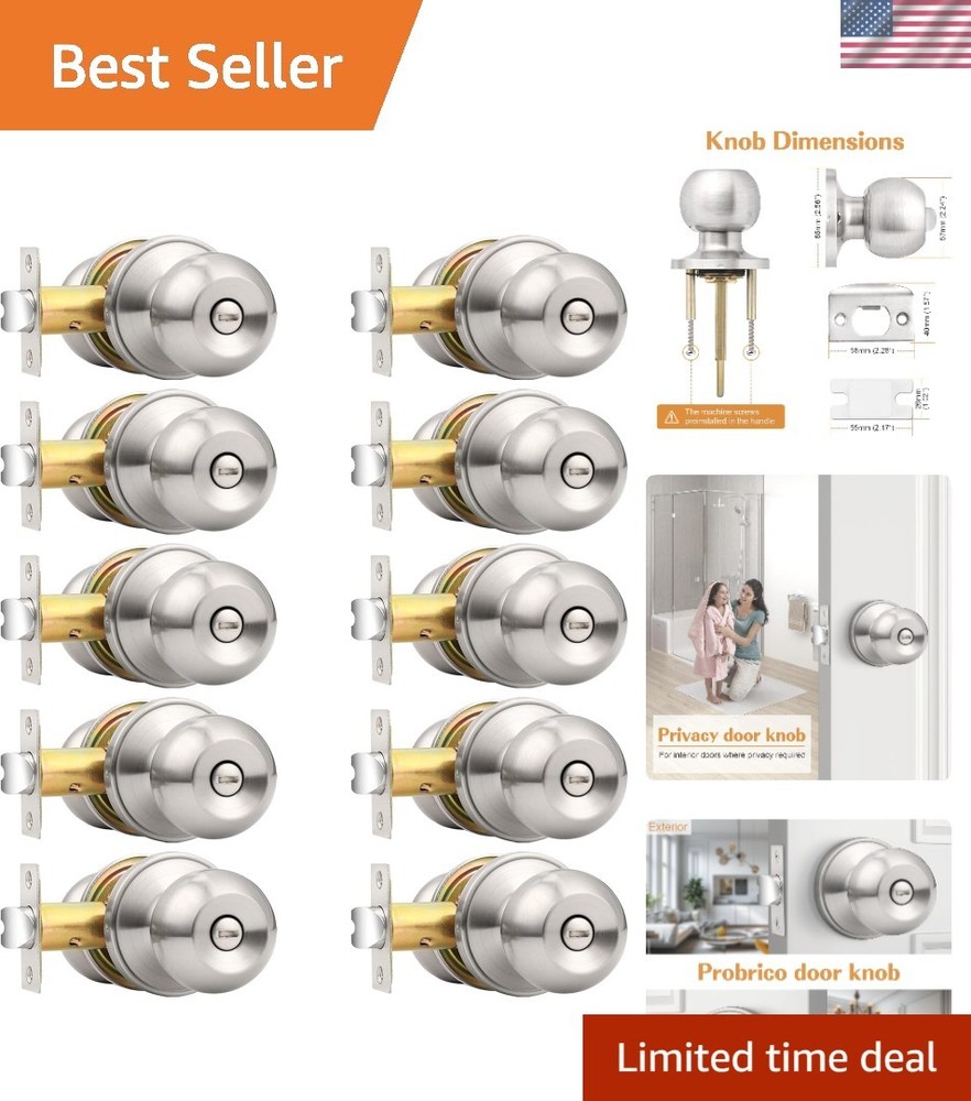 Adjustable Stainless Steel Privacy Door Knobs - 10-Pack Brushed Nickel Finish
