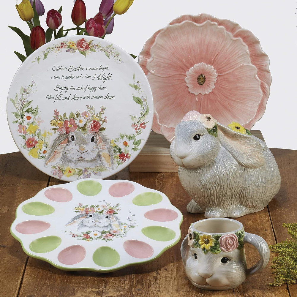 Sweet Bunny DEVILED EGG PLATE, 12.25 Inch Ceramic Egg Serving Tray, Easter Bunny
