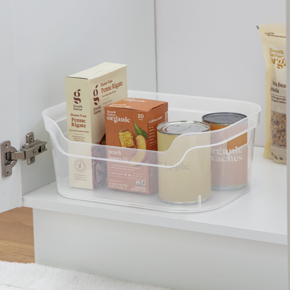 (4 pack) Medium Open Bin, Clear Plastic, Easy Access Bin with Scoop Front