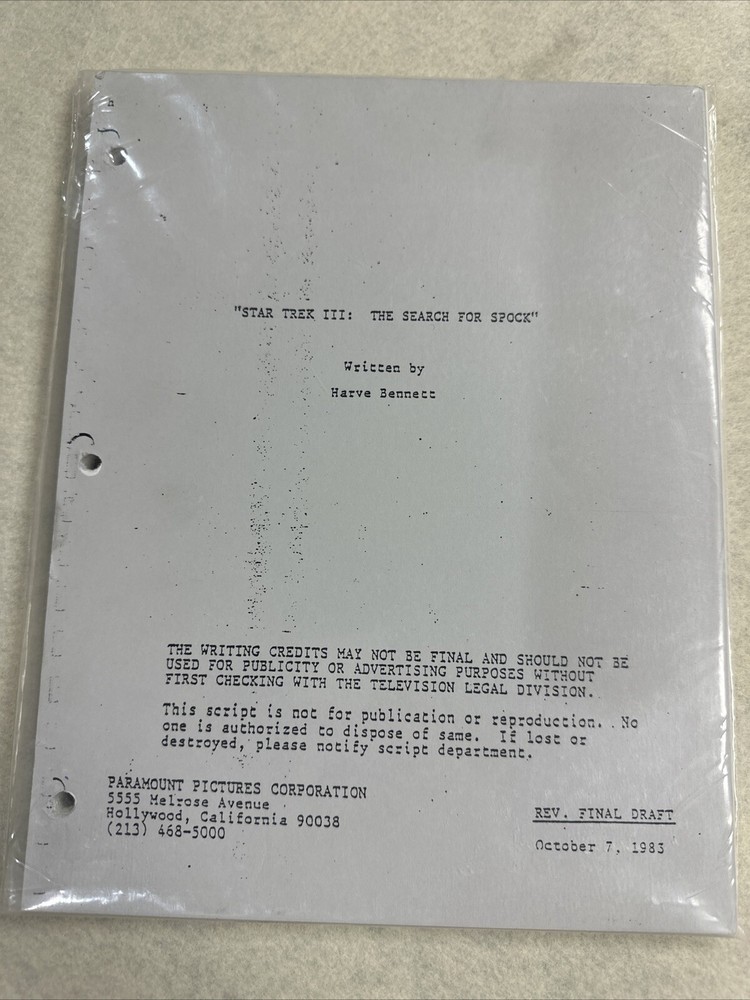 Star Trek 3: The Search For Spock Final Draft 1983 Script In Protective Sleeve