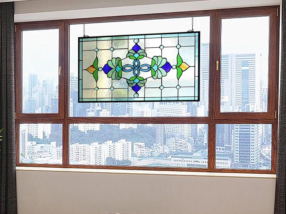 Extra Large 32" Victorian Stained Glass Transom Window Panel - 20" Height