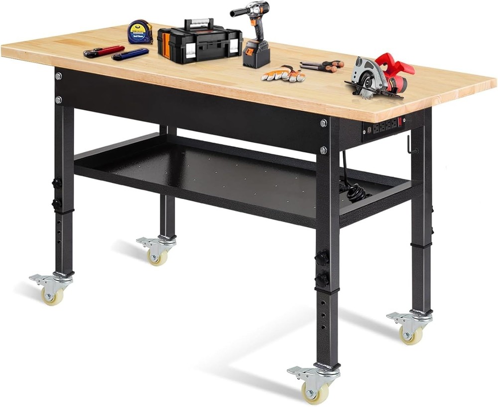 60'' Adjustable Workbench with Power Outlet, Wheels, Partition