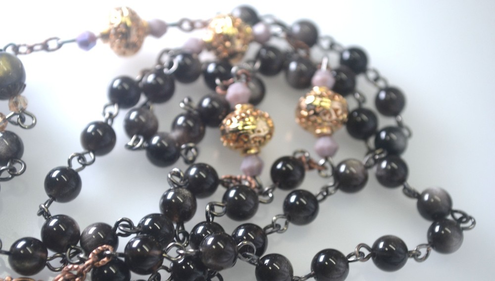 Our Lady of Solitude Rosary Black Obsidian Beads Mother Mary Centerpiece