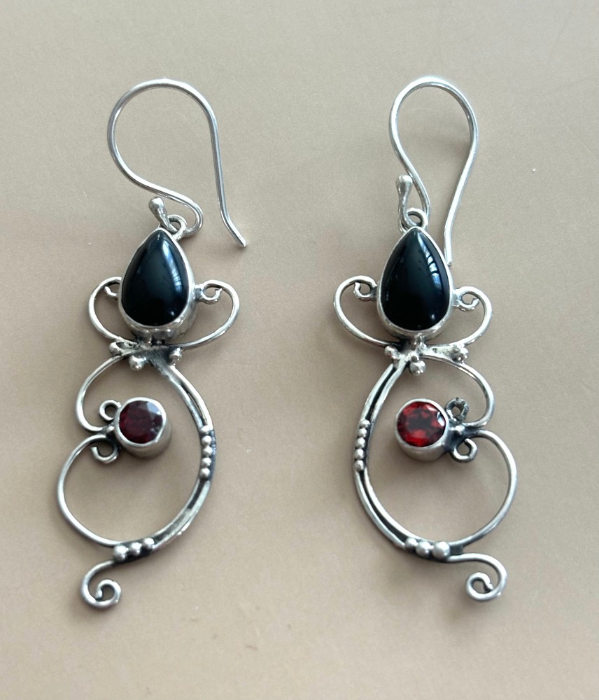 Black Onyx and Garnet Bali Earrings