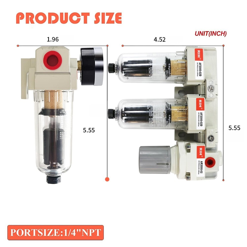 RIH Pneumatics 1/4'' NPT Auto Drain Compressed Air Double Filter & Regulator,...
