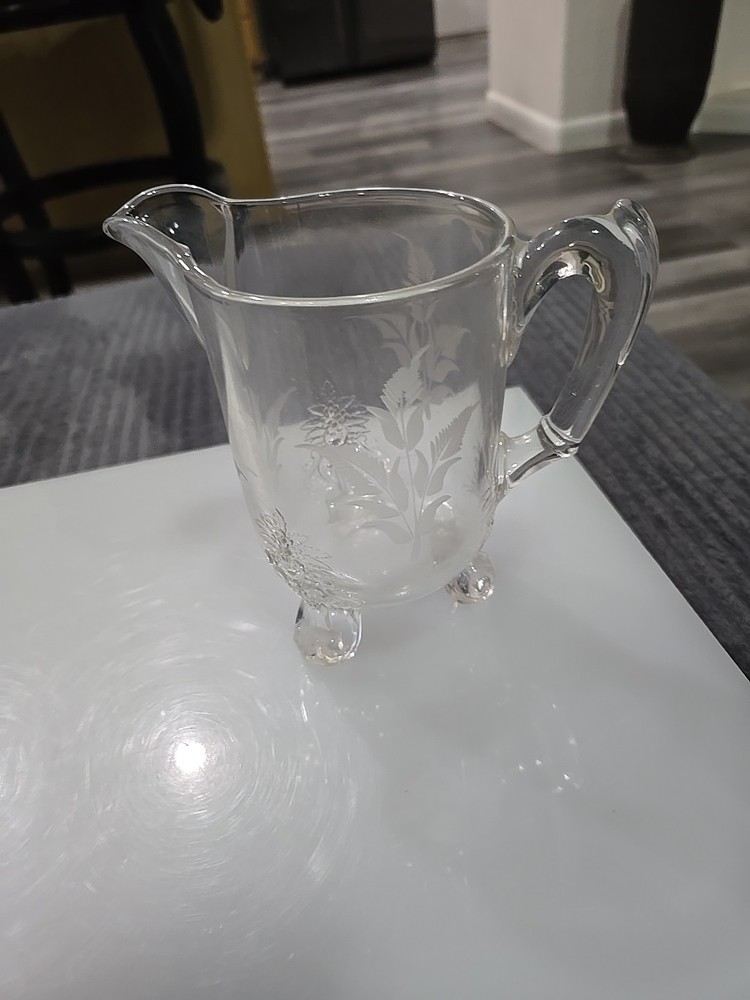Antique 5,5 Inch Footed Etched Pitcher.