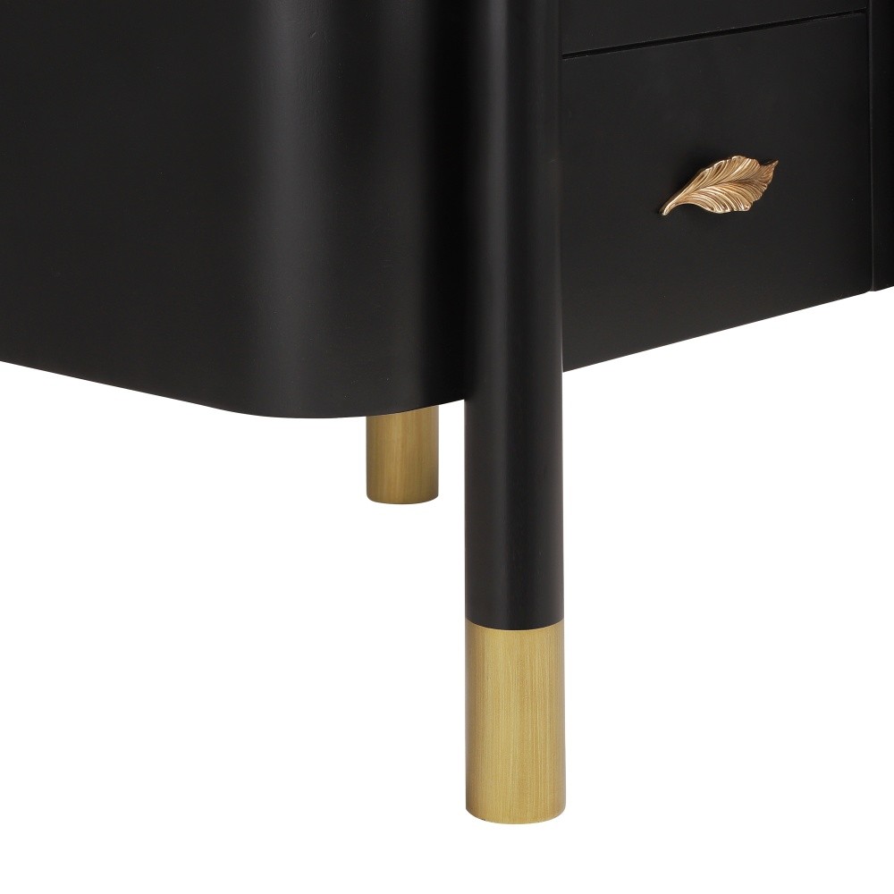 Bedside Table with Two Drawers Featuring metal feather handles Exposed legs