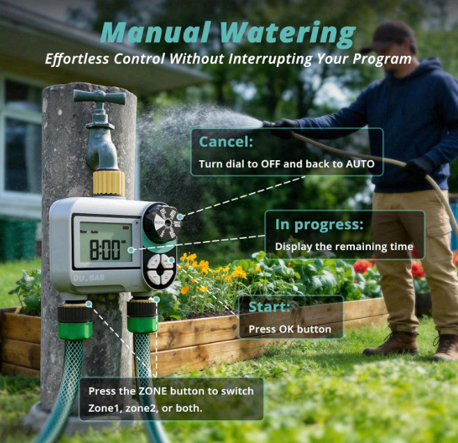 QUOBAS Brass Sprinkler Timer 2 Zone Programmable Hose Faucet LCD