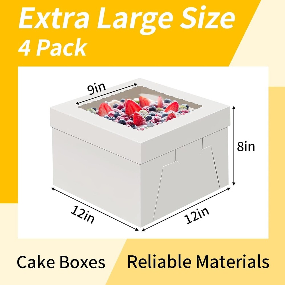 4 Pack Cake Boxes 12 Inch, Disposable Cake Transport Container, Cake Carrier,...
