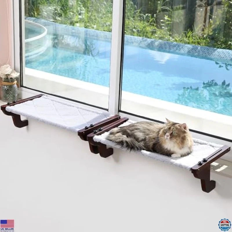 2PC Cat Window Perch Hammock - Pine Wood & Metal Frame, Gray Bed, 23''W x 14''D