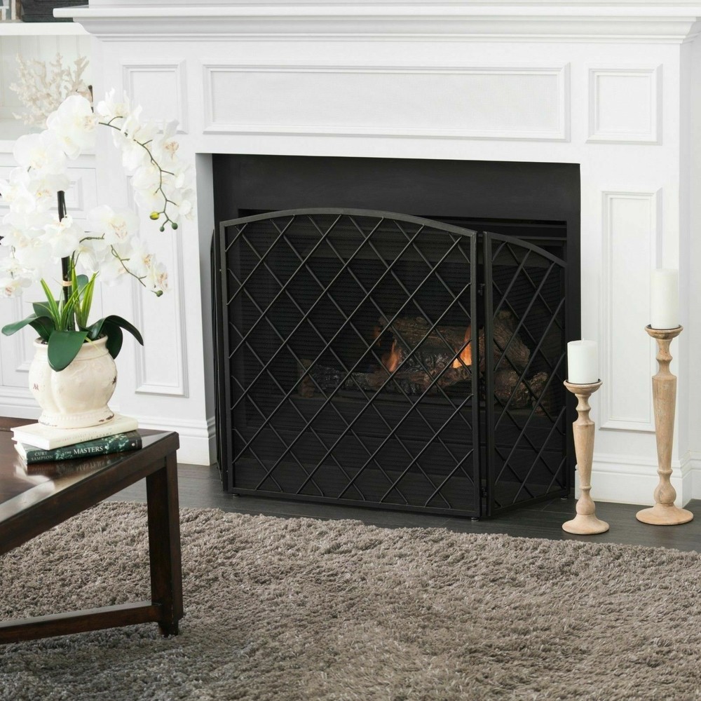 Modern 3 Panel Iron Mesh Fireplace Screen