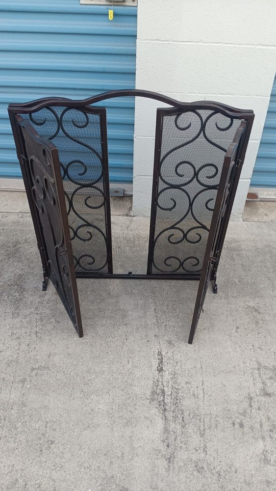 Modern 3 Panel Iron Folding Fireplace Screen with Doors, Black