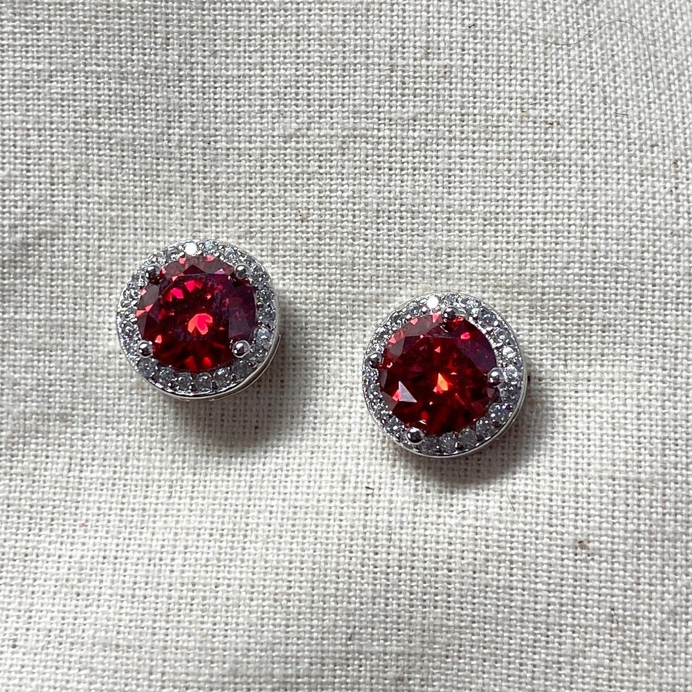 925 Sterling Silver 1CT Garnet Ruby Red Moissanite Round Stud Earrings 2CT TW
