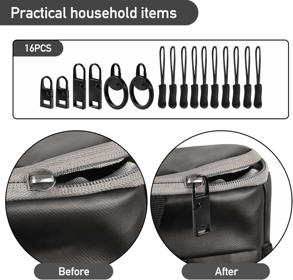 16 PCS Zipper Pull Tab Replacement Metal Handle Fixer，Zipper Tag Cord Pull Exten