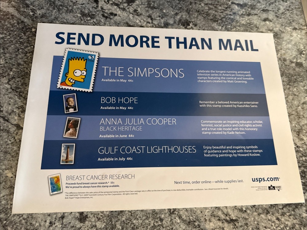 Vintage USPS POSTAGE STAMP Advertising Poster 16.5 X 14 2009 The Simpsons
