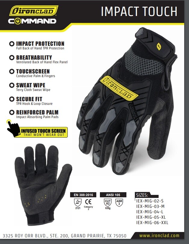 IronClad IEX-MIG Grip Command Impact Touch Gloves Black - Select Size
