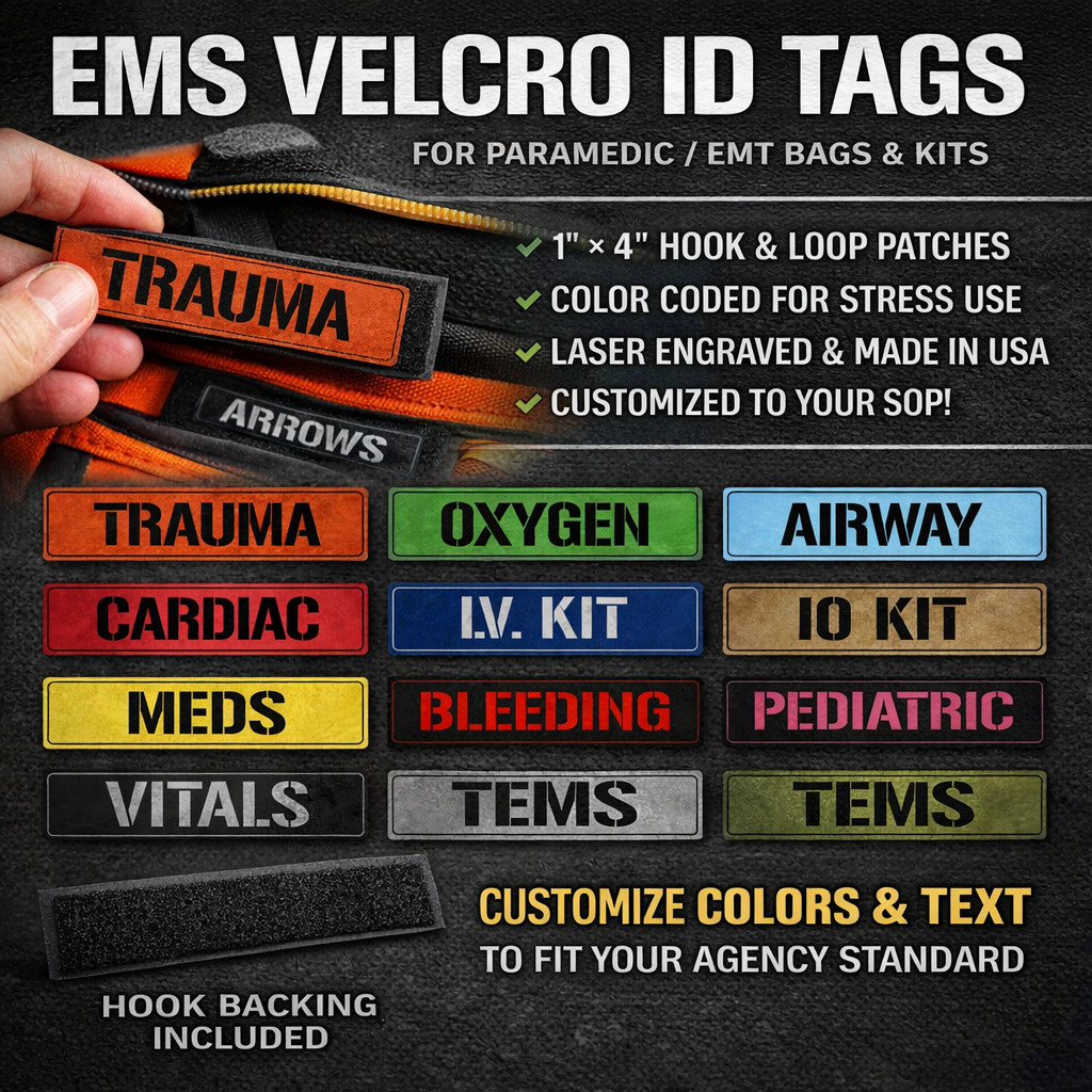 EMS Custom ID Tags – Paramedic EMT Bag Labels | 1” x 4” Hook & Loop | Engraved