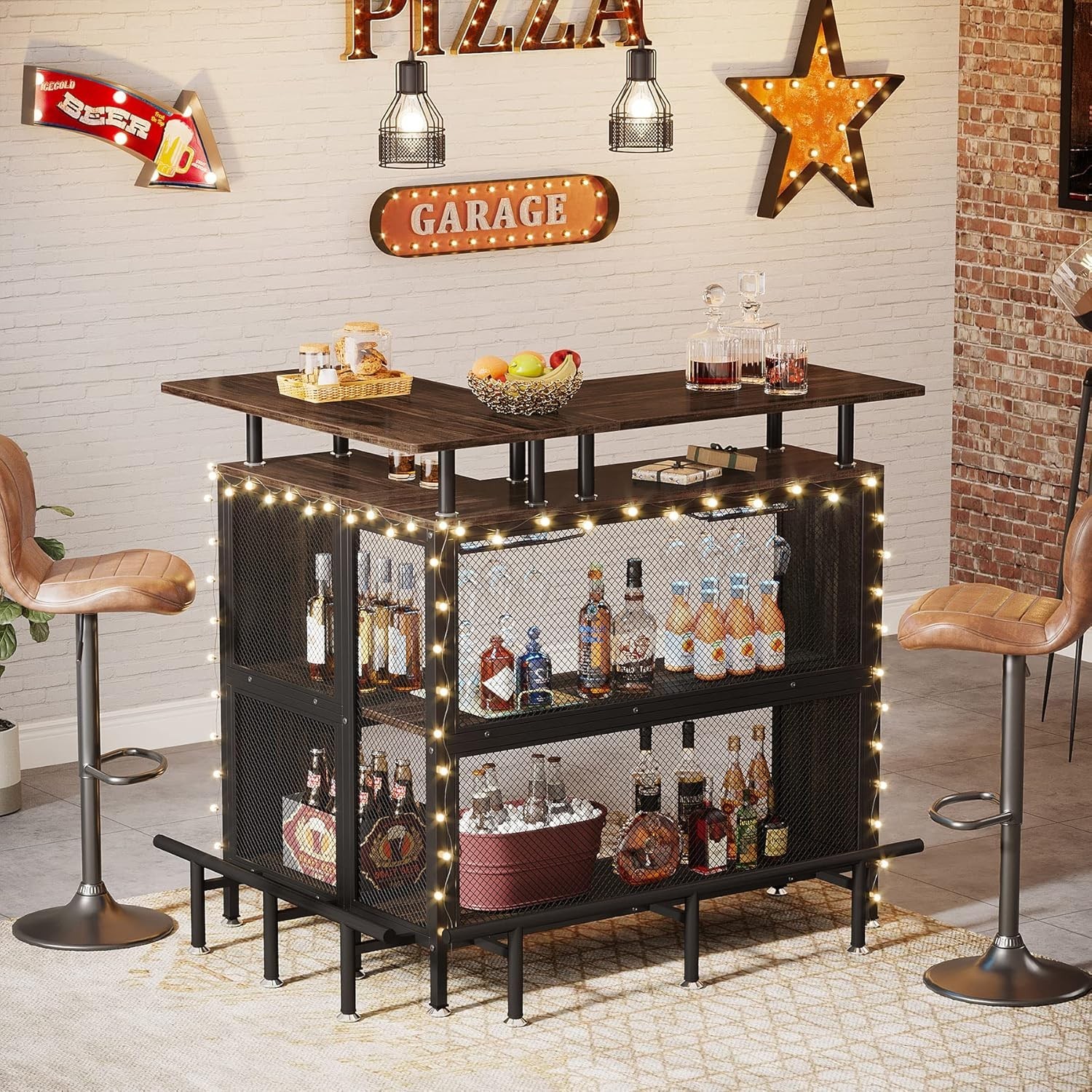 Home Bar Unit, 2-Tier L-Shaped Bar Table With Stemware Racks For Kitchen/Pub