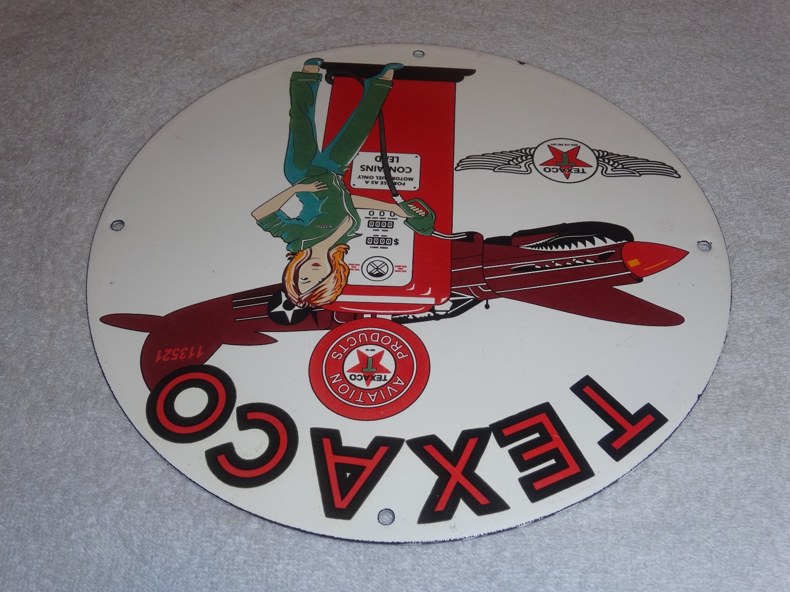 VINTAGE TEXACO AVIATION FEMALE MODEL WW2 AIRPLANE 11 3/4" PORCELAIN GAS OIL SIGN