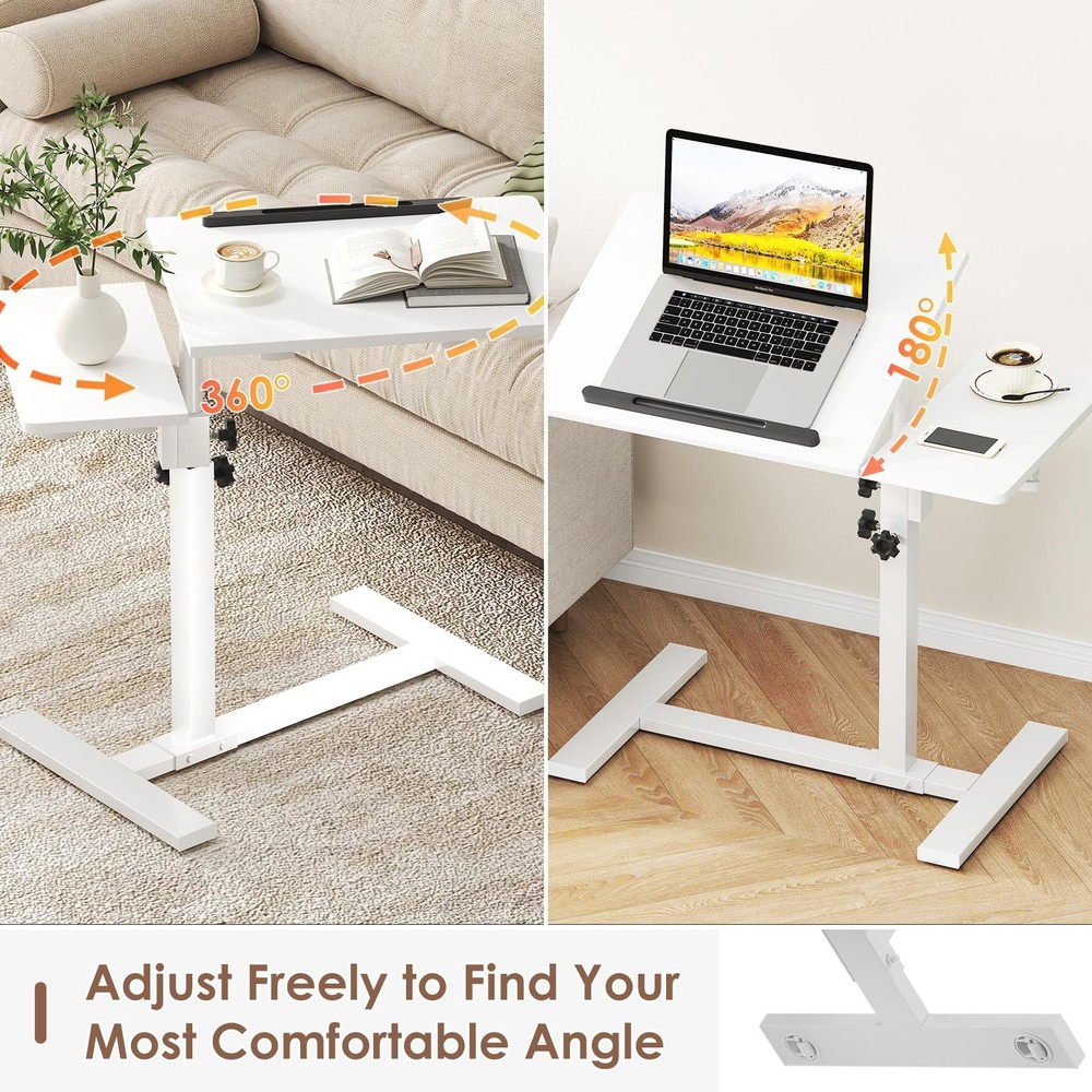 Height Adjustable C-Shaped Table with Removable Wheels, Mobile Sofa Snack Tab...