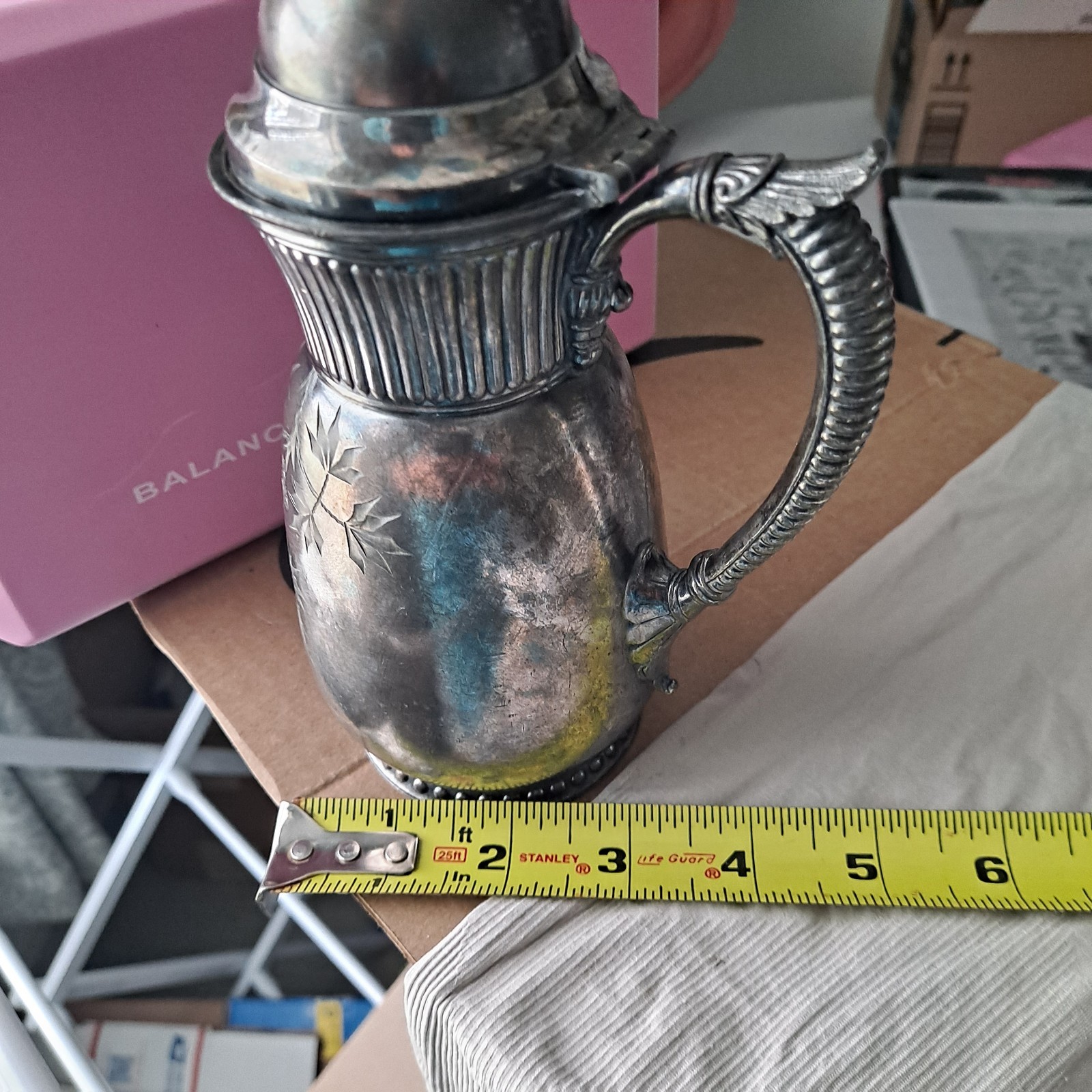 ANTIQUE 1898 VINTAGE QUADRUPLE SILVER PLATED SYRUP PITCHER BY JAMES W. TUFTS