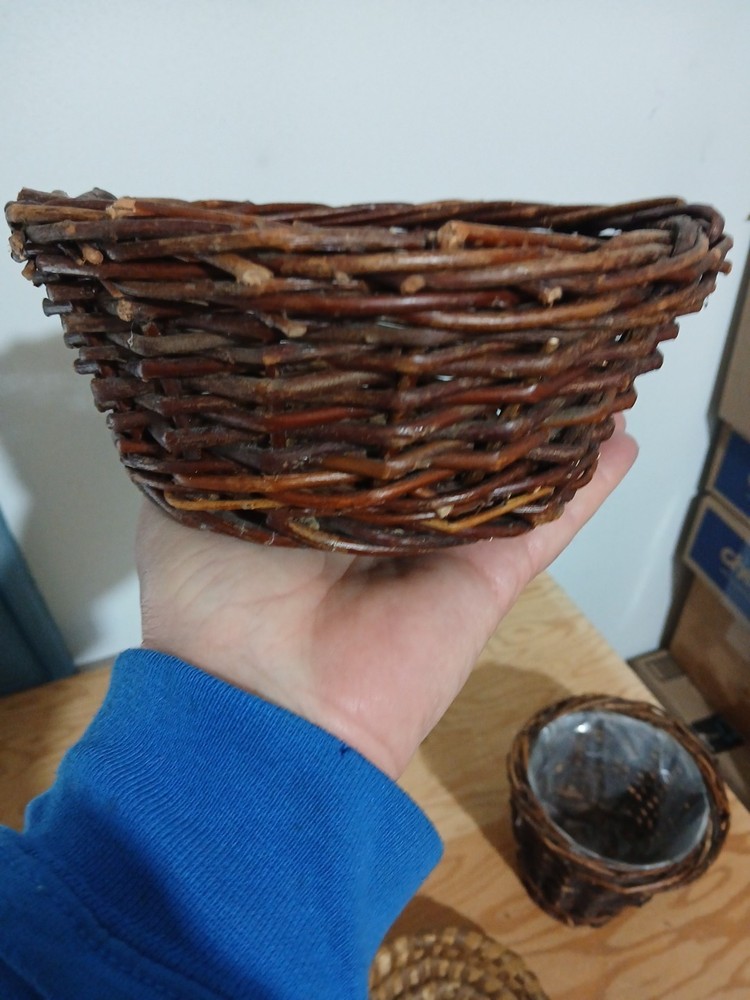 3 Rustic Woven Baskets, Willow Or Straw, One Includes A Plastic Liner