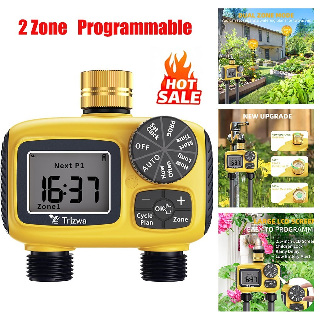 2 Zone Sprinkler Timer Outdoor w/ Brass Swivel Water Timer Automatic Controller