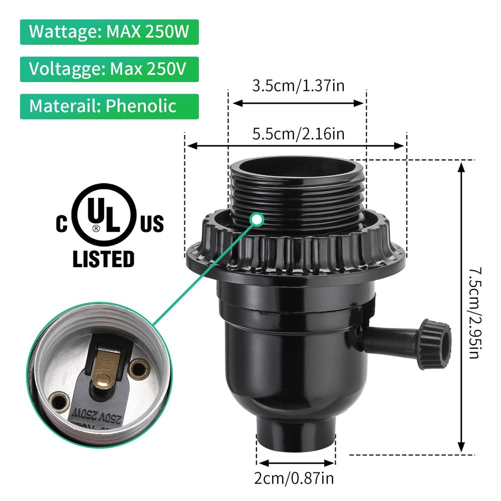UL Listed E26 Light Socket, Lamp Socket Replacement with ON/Off Switch Black